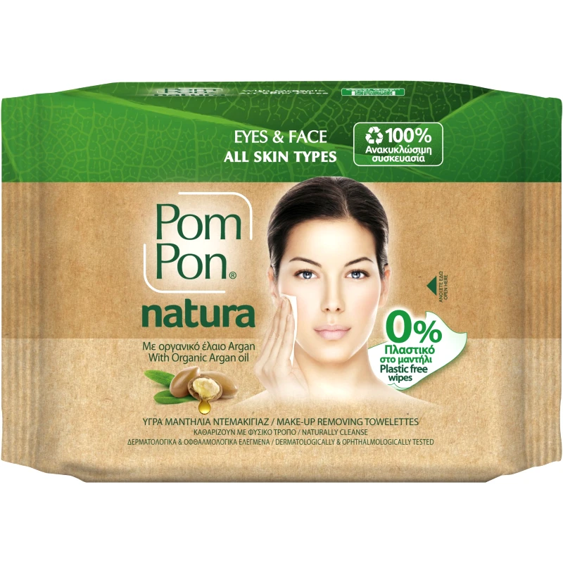 ΜΕΓΑ Pom Pon Natura Make-Up Removing Towelettes Υγρά Μαντήλια Ντεμακιγιάζ με Έλαιο Argan Κατάλληλα για Κάθε Τύπο Επιδερμίδας 20 Τεμάχια