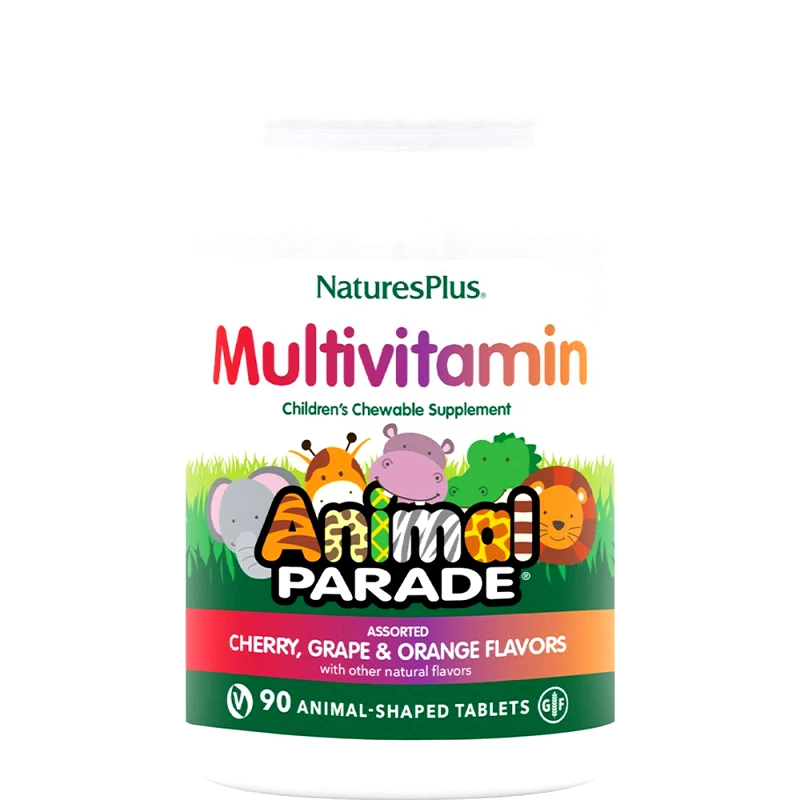 Natures Plus Natures Plus Animal Parade Multivitamin Cherry, Grape & Orange Συμπλήρωμα Διατροφής Πολυβιταμινών, Μετάλλων & Εκχυλισμάτων Φυτών για Ενίσχυση Ανοσοποιητικού Ενέργεια & Σωστή Ανάπτυξη των Παιδιών με Γεύση Κεράσι, Σταφύλι & Πορτοκάλι 90 Chew.tabs