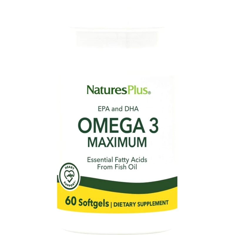 Natures Plus Natures Plus Omega 3 Maximum EPA & DHA Συμπλήρωμα Διατροφής Ιχθυελαίου Πλούσιο σε Ωμέγα 3 Λιπαρά Οξέα για τη Φυσιολογική Λειτουργία της Καρδίας, Εγκεφάλου & Όρασης 60 Softgels