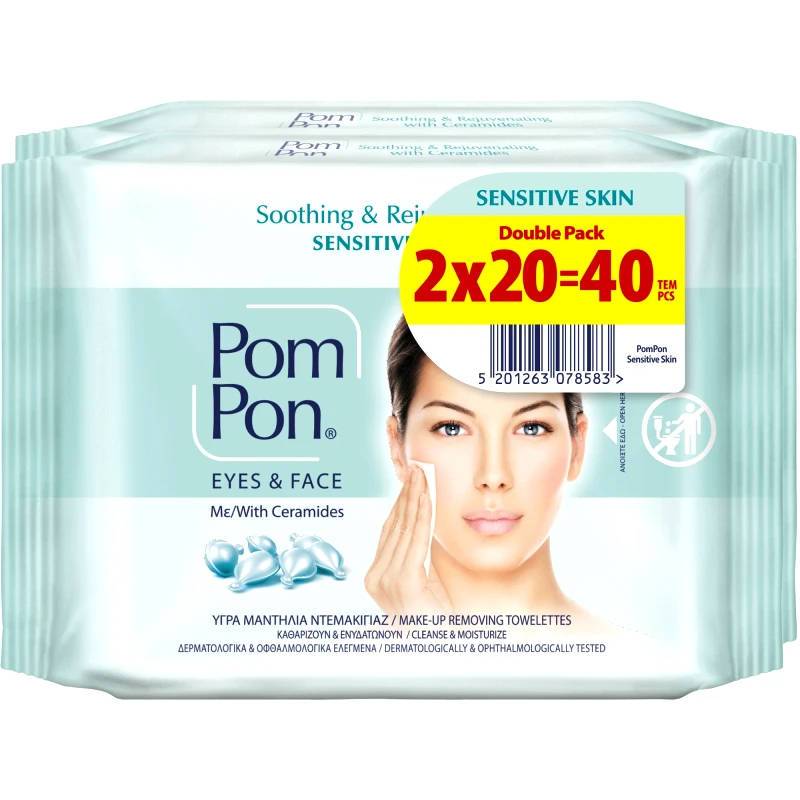 ΜΕΓΑ Pom Pon Promo Soothing & Rejuvenating with Ceramides, Sensitive Skin Face & Eyes Wipes Υγρά Βαμβακερά Μαντήλια Ντεμακιγιάζ με Ceramides για Απαλότητα & Λάμψη για Ευαίσθητες & Ξηρές Επιδερμίδες 40 Τεμάχια (2x20 Τεμάχια)