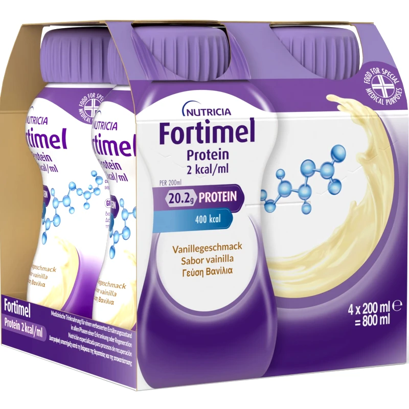 Nutricia Nutricia Fortimel Protein 2 kcal/ml Vanilla Πόσιμο Θρεπτικό Σκεύασμα Πλούσιο σε Πρωτεΐνες, Μέταλλα & Ιχνοστοιχεία για την Αντιμετώπιση Προβλημάτων Υποσιτισμού & Δυσθρεψίας που Σχετίζονται με Ασθένεια με Γεύση Βανίλια 4x200ml
