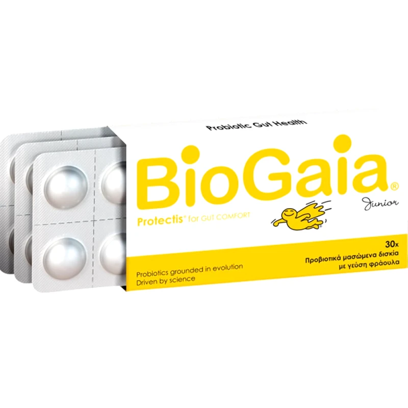 BioGaia BioGaia Protectis for Gut Comfort Junior Συμπλήρωμα Διατροφής Προβιοτικών για Παιδιά για την Αντιμετώπιση Διάρροιας, Δυσκοιλιότητας & Κοιλιακού Άλγους Κατάλληλο για Παράλληλη Χρήση με Αντιβιοτικά με Γεύση Φράουλα 30 Chew.tabs - Strawberry