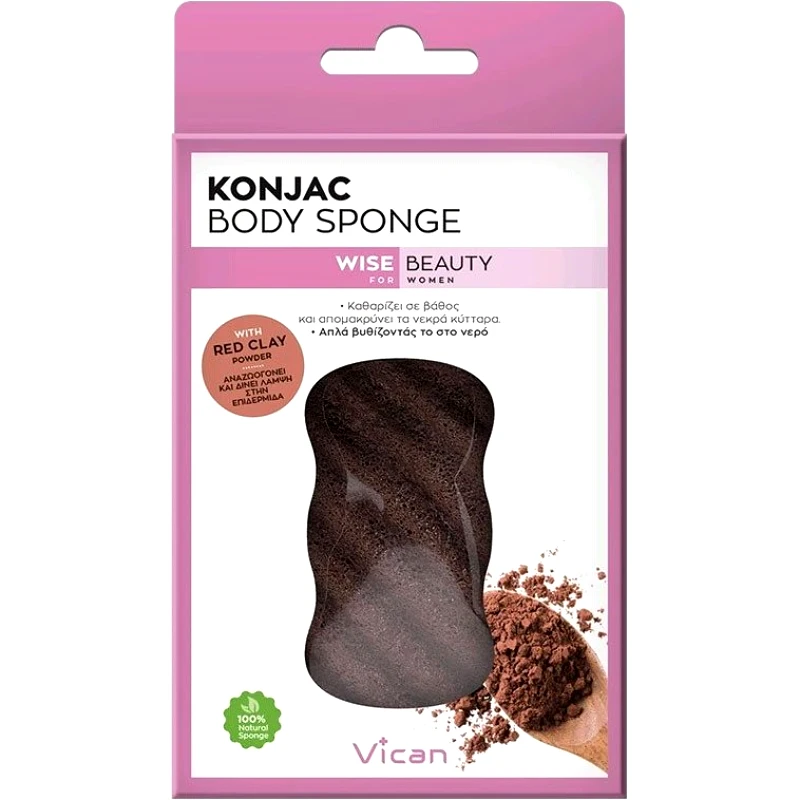 Vican Vican Konjac Body Sponge Wise Beauty Σφουγγάρι Σώματος με Σκόνη Κόκκινης Αργίλου για Αναζωογόνηση & Λάμψη στο Δέρμα 1 Τεμάχιο
