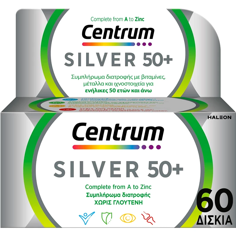 Centrum Centrum Silver 50+ Συμπλήρωμα Διατροφής Πολυβιταμινών, Μετάλλων & Ιχνοστοιχείων Ιδανικό για Ενήλικες Άνω των 50 Ετών για Ενέργεια, Ενίσχυση Ανοσοποιητικού & Καλή Υγεία Ματιών & Οστών 60tabs