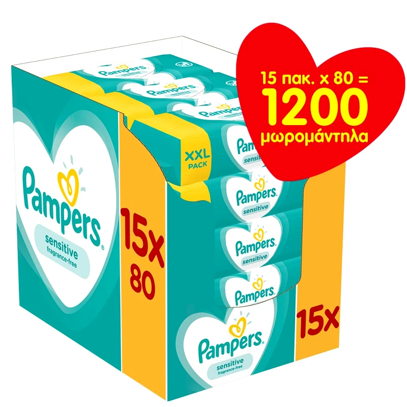 Pampers Pampers Πακέτο Προσφοράς Sensitive Wipes Μωρομάντηλα Ιδανικά για την Ευαίσθητη Επιδερμίδα 1200 Τεμάχια (15x80 Τεμάχια)
