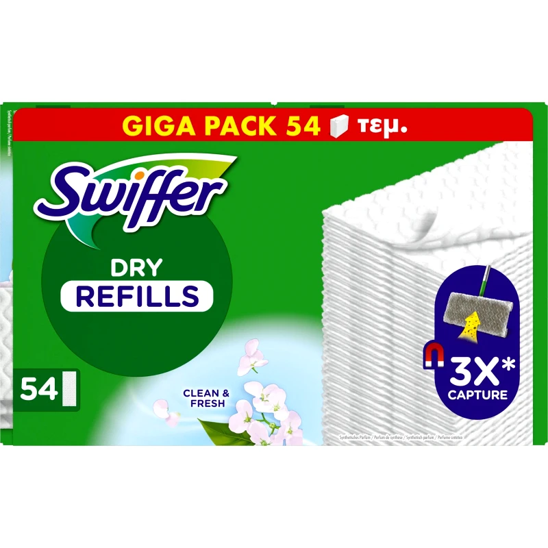 Swiffer Swiffer Promo Clean & Fresh Dry Refils Στεγνά Ανταλλακτικά Πανάκια για το Πάτωμα που Παγιδεύουν τη Σκόνη 54 Τεμάχια (3x18 Τεμάχια)