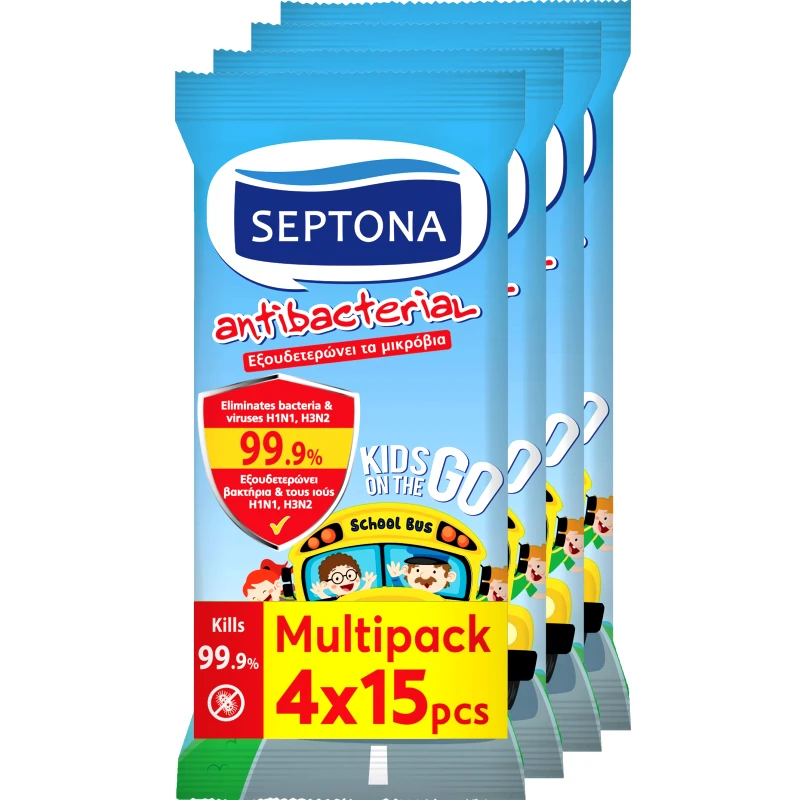 Septona Septona Antibacterial Kids On The Go Wet Wipes Υγρά Μαντηλάκια Χεριών για Παιδιά με Οινόπνευμα Κατά των Βακτηρίων & των Ιών 60 Τεμάχια (4x15 Τεμάχια)