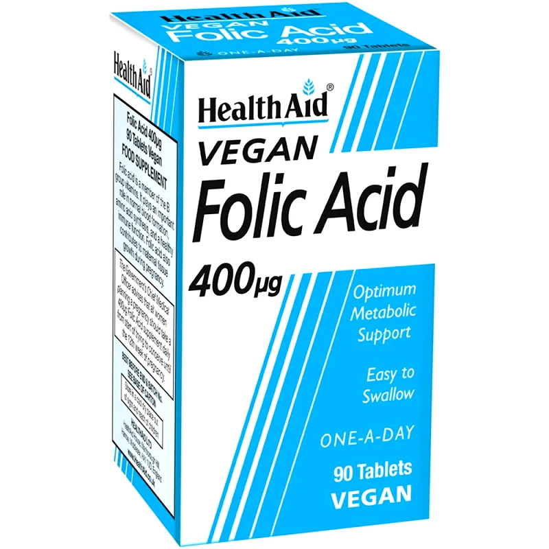 Health Aid Health Aid Vegan Folic Acid 400μg Συμπλήρωμα Διατροφής Φολικού Οξέος (Βιταμίνη Β9) Βραδείας Αποδέσμευσης Φυτικής Προέλευσης για την Υποστήριξη μιας Υγιούς Εγκυμοσύνης 90tabs