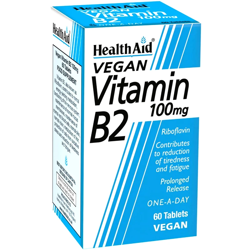 Health Aid Health Aid Vegan Vitamin B2 100mg Συμπλήρωμα Διατροφής Βιταμίνης Β2 (Ριβολφαβίνη) Βραδείας Αποδέσμευσης Φυτικής Προέλευσης για την Παραγωγή Ενέργειας & τη Σωστή Λειτουργία του Μεταβολισμού 60tabs