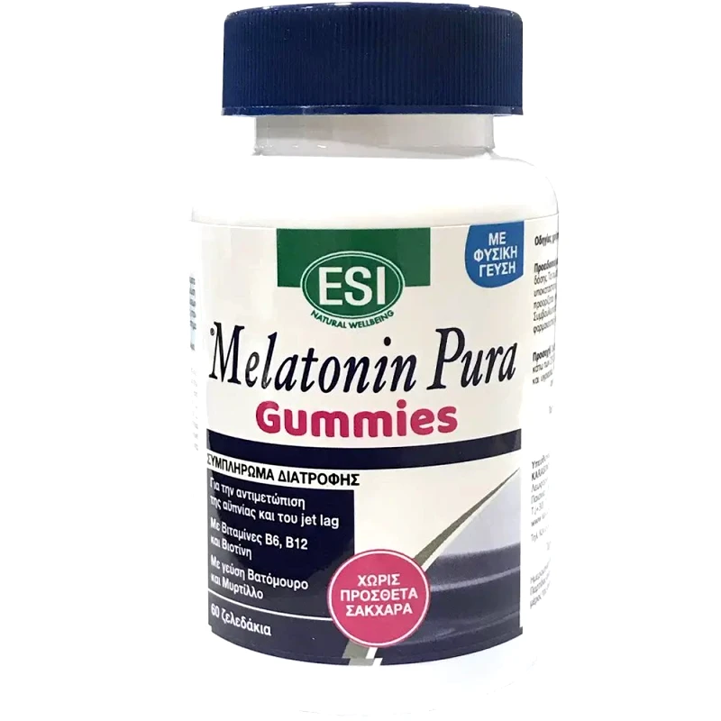 ESI Esi Melatonin Pura Gummies Συμπλήρωμα Διατροφής Μελατονίνης, Εκχυλίσματος Βοτάνων & Βιταμινών για την Αντιμετώπιση της Αϋπνίας, του Jet Lag & Ποιοτικότερο Ύπνο με Φυσική Γεύση 60 Ζελεδάκια