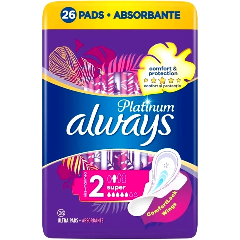 Always Always Platinum Sanitary Towels with Comfort Lock Wings Size 2 Σερβιέτες Μεγάλου Μεγέθους με Φτερά για Άνεση & Προστασία 26 Τεμάχια