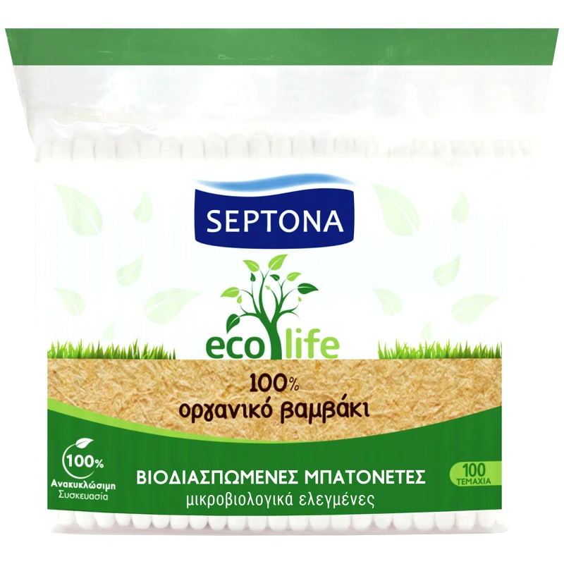 Septona Septona Ecolife Μπατονέτες Βιοδιασπώμενες Μπατονέτες Από 100% Οργανικό Βαμβάκι 100 Τεμάχια