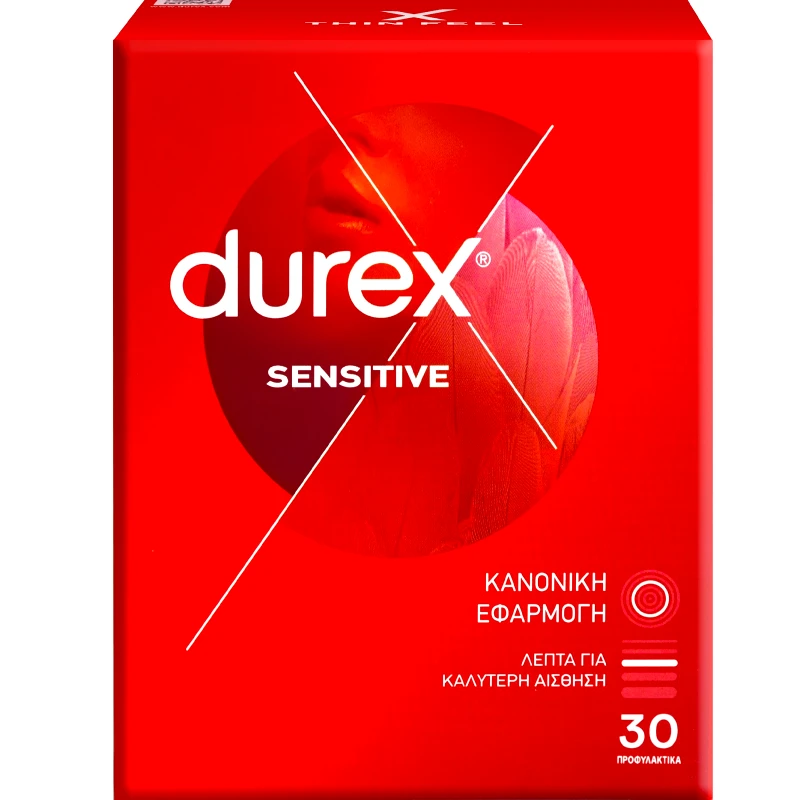 Durex Durex Sensitive Thin Feel Condoms Λεπτά Προφυλακτικά για Καλύτερη Αίσθηση με Κανονική Εφαρμογή 30 Τεμάχια