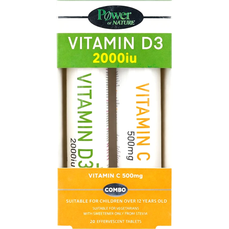 Power Health Power Health Promo Vitamin D3 2000iu Stevia 20 Effer.tabs & Vitamin C 500mg 20 Effer.tabs 1+1 Δώρο,Συμπλήρωμα Διατροφής Βιταμίνης D3 για Απορρόφηση του Ασβεστίου & Βιταμίνη C για Ενίσχυση της Άμυνας του Οργανισμού