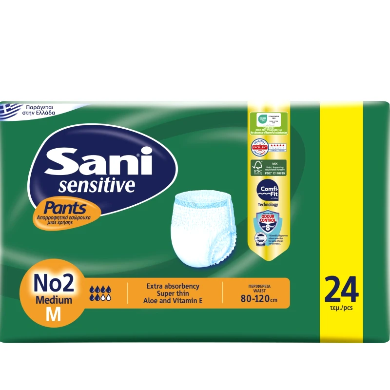 Sani Sani Sensitive Pants No2 Medium Ελαστικό Εσώρουχο Ακράτειας που Προσφέρουν Αποτελεσματική Προστασία Από Διαρροές & Οσμές 24 Τεμάχια