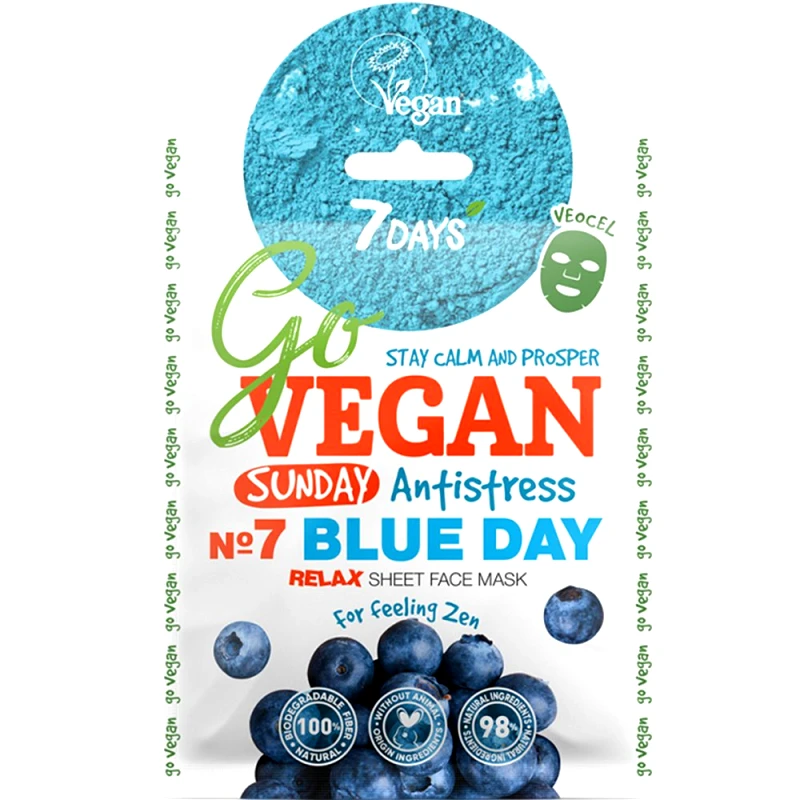 7DAYS 7DAYS Go Vegan Sunday No7 Blue Day Relax Face Sheet Mask Μάσκα Προσώπου Φυτικής Προέλευσης για Ομοιόμορφη & Ελαστική Επιδερμίδα 25g