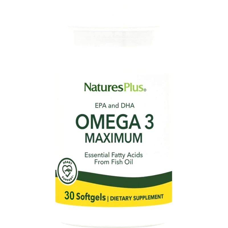 Natures Plus Natures Plus Omega 3 Maximum EPA & DHA Συμπλήρωμα Διατροφής Ιχθυελαίου Πλούσιο σε Ωμέγα 3 Λιπαρά Οξέα για τη Φυσιολογική Λειτουργία της Καρδίας, Εγκεφάλου & Όρασης 30 Softgels