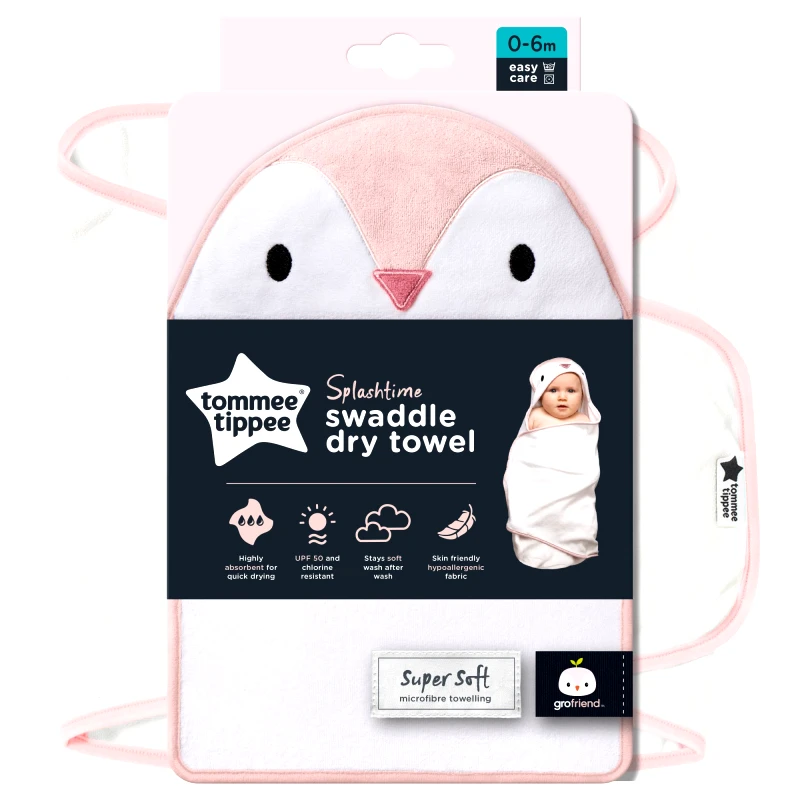 Tommee Tippee Tommee Tippee Splashtime Swaddle Dry Towel Κωδ CAA1016 Πετσέτα Μπάνιου με Κουκούλα, που Στεγνώνει Γρήγορα 0-6m 1 Τεμάχιο - Penny the Penguin