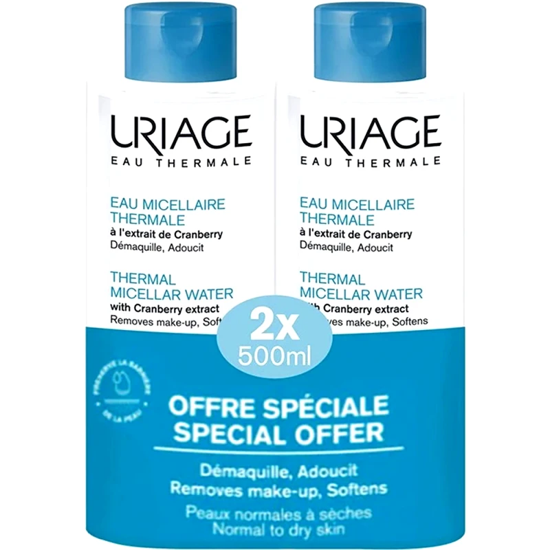 Uriage Uriage Promo Eau Thermale Micellar Water with Cranberry Extract Normal to Dry Skin Ιαματικό Μικυλλιακό Νερό Προσώπου - Ματιών για Καθαρισμό & Ντεμακιγιάζ, Κατάλληλο για Κανονική προς Ξηρή Επιδερμίδα με Εκχύλισμα Cranberry 1Lt (2x500ml)