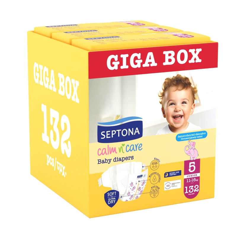 Septona Septona Calm n' Care Baby Diapers Giga Box Junior No5 (11-16kg) 132 Τεμάχια (3x44 Τεμάχια)