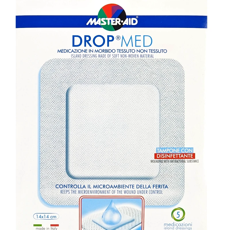 Master Aid Master Aid Drop Med Woundpad with Antibacterial Substance 14x14cm Αυτοκόλλητες, Αντικολλητικές Γάζες Εμποτισμένες με Απολυμαντικό 5 Τεμάχια