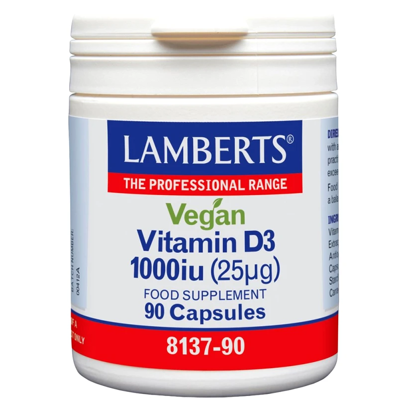 Lamberts Lamberts Vegan Vitamin D3 Συμπλήρωμα Διατροφής με Βιταμίνη D3 για την Καλή λειτουργία των Οστών & Ανοσοποιητικού Ειδικά Σχεδιασμένο για Χορτοφάγους 1000iu, 90caps