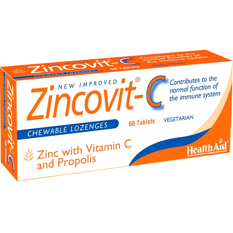 Health Aid Health Aid Zincovit-C Συμπλήρωμα Διατροφής Βιταμίνης C, Ψευδάργυρου & Εκχυλίσματος Πρόπολης για Ενίσχυση του Ανοσοποιητικού & Αντιμετώπιση Ιώσεων & Κρυολογήματος με Γεύση Πορτοκάλι 60 Lozenges