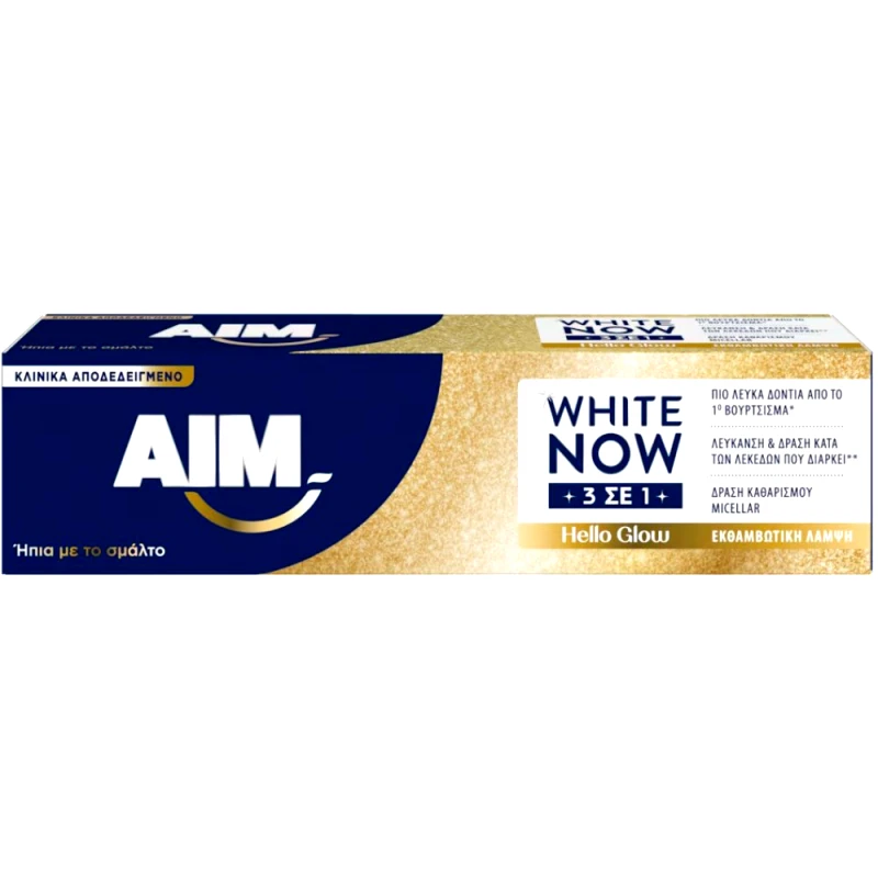 AIM Aim White Now 3in1 Hello Glow Toothpaste Αποτελεσματική Οδοντόκρεμα Κατά των Λεκέδων & Λεύκανση των Δοντιών για Εκθαμβωτική Λάμψη 75ml
