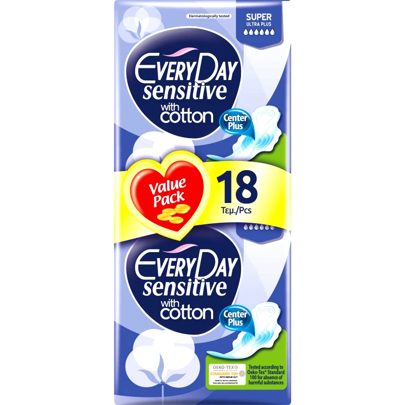 Every Day Every Day Sensitive Super Ultra Plus Value Pack Πολύ Λεπτές Σερβιέτες με Βαμβακερό Κάλυμμα, για Πολύ Μεγάλη Ροή 18 Τεμάχια