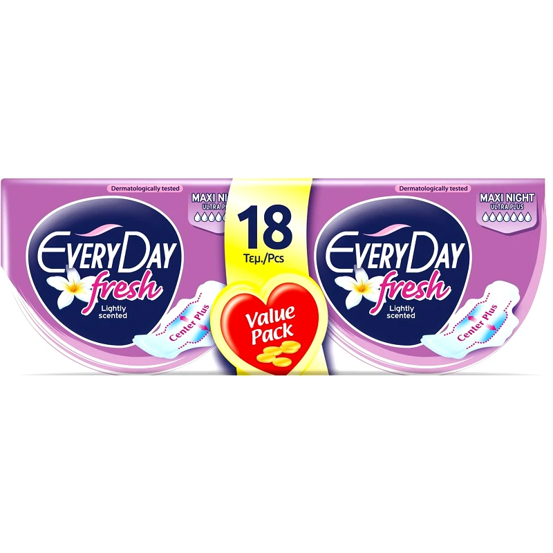 Every Day Every Day Fresh Maxi Night Ultra Plus Value Pack Μεγάλου Μήκους Λεπτές Σερβιέτες με Φτερά Προστασίας για Χρήση Κατά τη Διάρκεια της Νύχτας 18 Τεμάχια