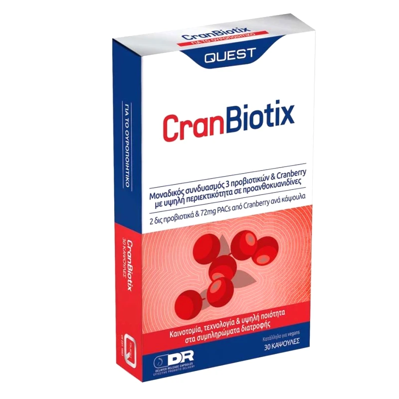 Quest Quest CranBiotix Συμπλήρωμα Διατροφής με Προβιοτικά & Εκχύλισμα Cranberry για την Αντιμετώπιση Λοιμώξεων του Ουροποιητικού & Ενίσχυση της Μικροβιακής Χλωρίδας του Εντέρου & του Κόλπου 30caps