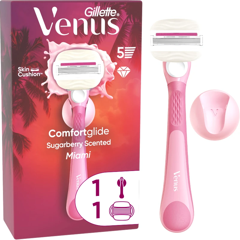 Gillette Gillette Venus ComfortGlide Miami Sugarberry Γυναικεία Ξυριστική Μηχανή με 2 Ανταλλακτικές Κεφαλές 5 Λεπίδων & Άρωμα Sugarberry για Καλύτερη Ολίσθηση & Απαλό Ξύρισμα 1 Λαβή & 1 Ανταλλακτικό & 1 Βάση Ντους