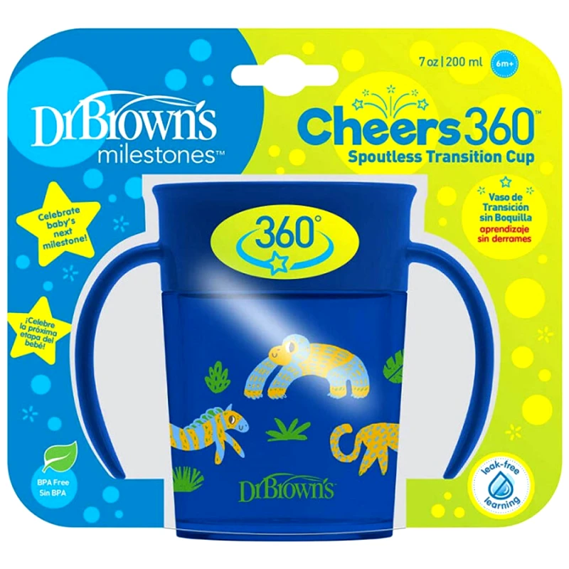 Dr.Brown Dr Brown's Milestones Cheers 360 Spoutless Transition Cup Κύπελλο Εκπαίδευσης με Λαβές & Σύστημα Κατά των Διαρροών 6m+, 200ml, Κωδ TC71006 - Μπλε