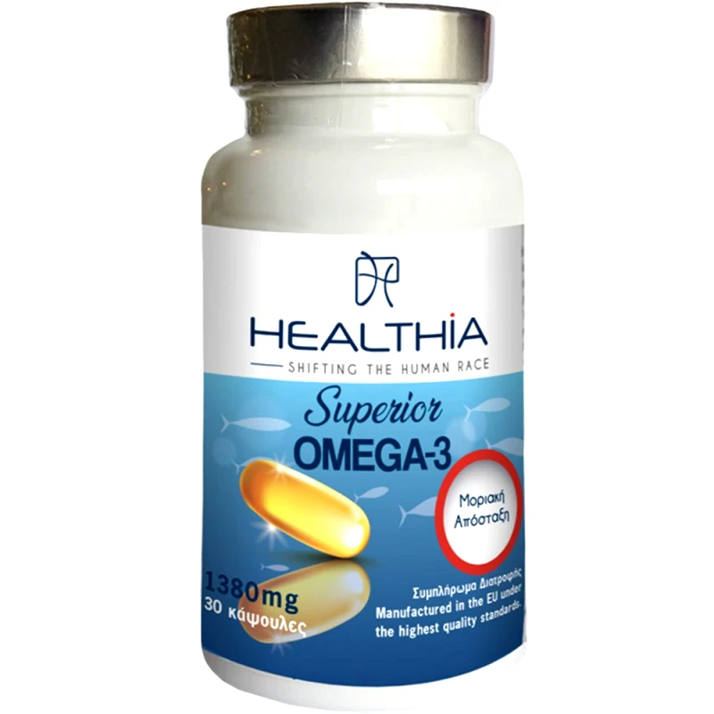 Healthia Healthia Superior Omega 3 1380mg Συμπλήρωμα Διατροφής Ιχθυελαίου Πλούσιο σε Ω3 & Βιταμίνη Ε για την Υποστήριξη της Καλής Λειτουργίας του Εγκεφάλου, της Όρασης & της Καρδιάς 30caps