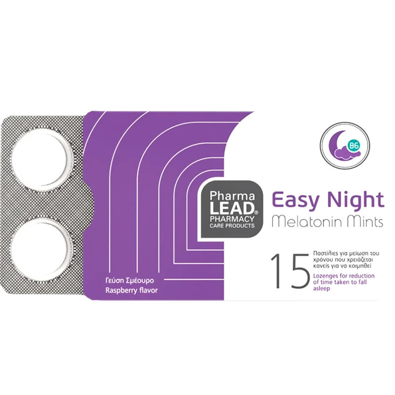 PharmaLead Pharmalead Easy Night Melatonin Mints Συμπλήρωμα Διατροφής Μελατονίνης & Βιταμίνης Β6 για Γρηγορότερο, Ποιοτικότερο Ύπνο & Αντιμετώπιση του Jet Lag με Γεύση Σμέουρο 15 Lozenges