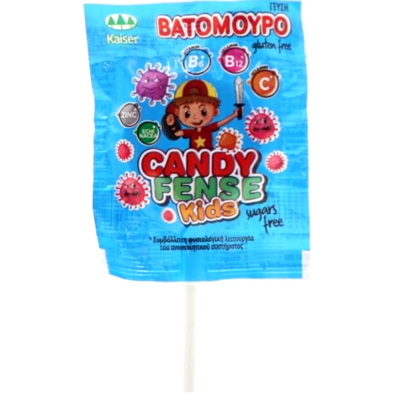 Kaiser Kaiser Candyfense Kids Lollipop with Vitamins Γλειφιτζούρι Εμπλουτισμένο με Βιταμίνες & Πλούσια Γεύση 1 Τεμάχιο - Βατόμουρο