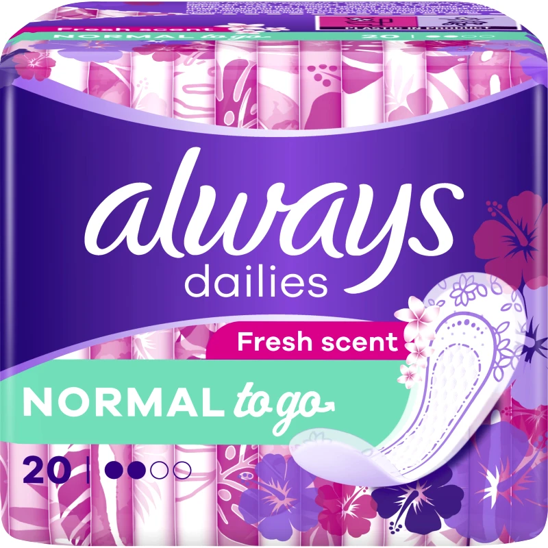 Always Always Dailies to Go Fresh Scent Normal 20 Τεμάχια,Άνετα Σερβιετάκια για Καθημερινή Προστασία & Φρεσκάδα