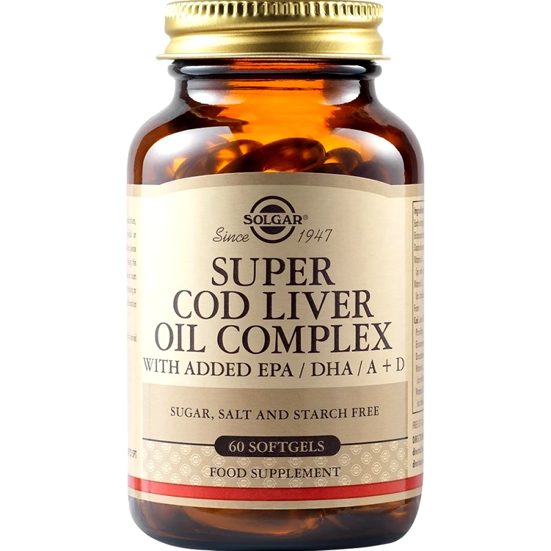 Solgar Solgar Super Cod Liver Oil Complex Συμπλήρωμα Διατροφής Συμπυκνωμένου Μουρουνέλαιου Πλούσιο σε Ωμέγα 3 Λιπαρά Οξέα με Προσθήκη Βιταμίνης Α & D για τη Σωστή Λειτουργία της Καρδιάς & του Εγκεφάλου 60 Softgels