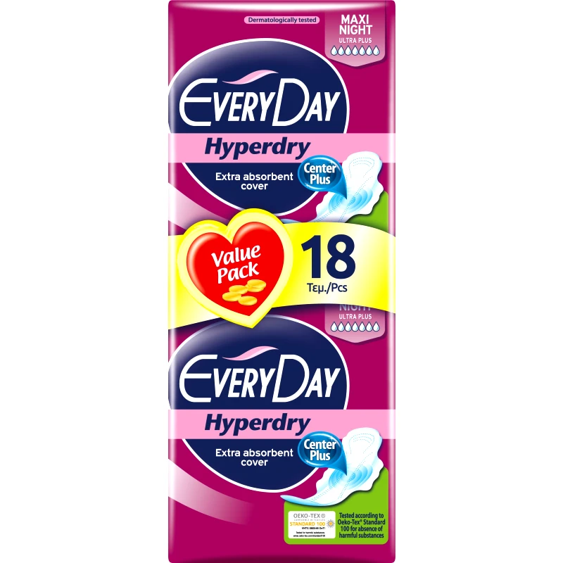 Every Day Every Day Hyperdry Maxi Night Value Pack Πολύ Λεπτές Σερβιέτες Έξτρα Απορροφητικές, Ιδανικές για τη Νύχτα 18 Τεμάχια