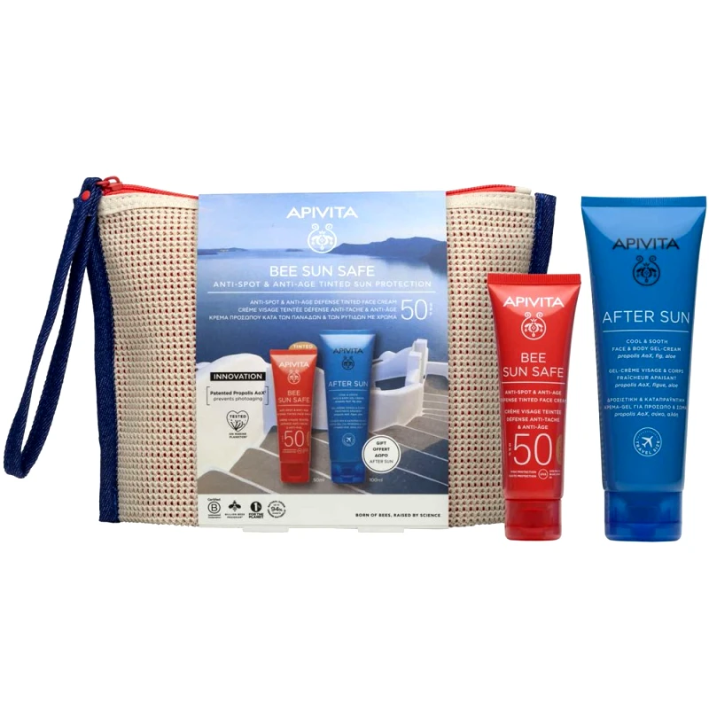 Apivita Apivita Promo Bee Sun Safe Anti-Spot & Anti-Age Defence Face Cream Spf50 Tinted 50ml & Δώρο After Sun Cool & Sooth Face & Body Gel-Cream Travel Size 100ml & Δώρο Νεσεσέρ 1 Τεμάχιο