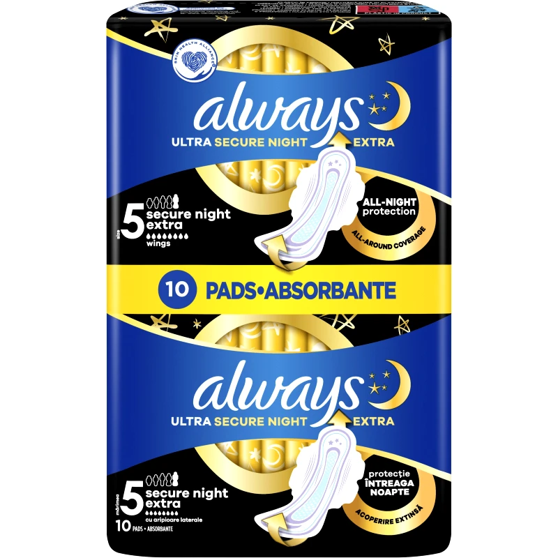 Always Always Ultra Secure Night Sanitary Towels with Wings Size 5 Σερβιέτες με Φτερά για Πολύ Μεγάλη Ροή & Χρήση Κατά τη Διάρκεια της Νύχτας 10 Τεμάχια