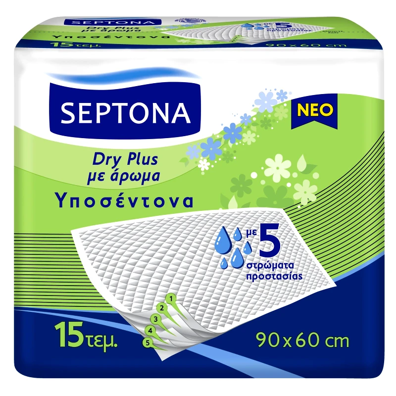 Septona Septona Dry PLus Υποσέντονα με Απαλό Άρωμα για Έλεγχο των Οσμών & 5 Στρώματα Προστασίας 90 x 60cm 15 Τεμάχια