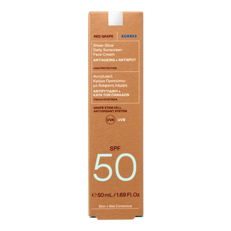 Korres Korres Red Grape Sheer Glow Antiageing Daily Sunscreen Face Cream Spf50 Αντιρυτιδική, Αντηλιακή Κρέμα Προσώπου Ελαφριάς Υφής, για Λάμψη & Μειώση των Ρυτίδων, Πανάδων 50ml