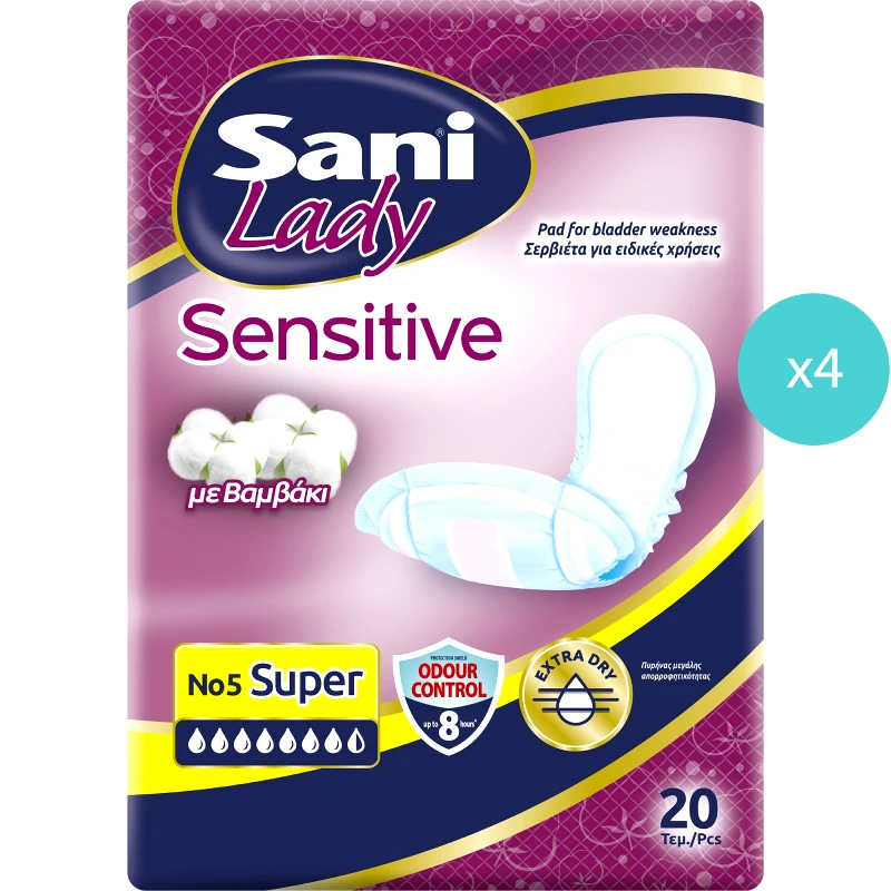 Sani Σετ Sani Lady Sensitive No5 Super Διακριτικές Γυναικείες Σερβιέτες με Βαμβάκι για Ελαφριά Μορφή Ακράτειας 80 Τεμάχια (4x20 Τεμάχια)