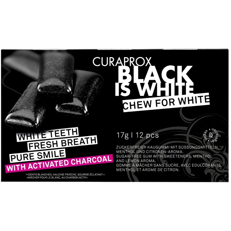 Curaprox Curaprox Black is White Chew for White Gum Τσίχλα για Λεύκανση των Δοντιών με Ενεργό Άνθρακα & Γεύση Λεμόνι - Μέντα 12 Τεμάχια