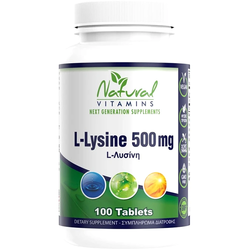 Natural Vitamins Natural Vitamins L-Lysine 500mg Συμπλήρωμα Διατροφής Αμινοξέος L-λυσίνης για την Αντιμετώπιση & Πρόληψη Εξάρσεων του Απλού Έρπητα & Αποδοτικότερη Απορρόφηση του Ασβεστίου 100tabs