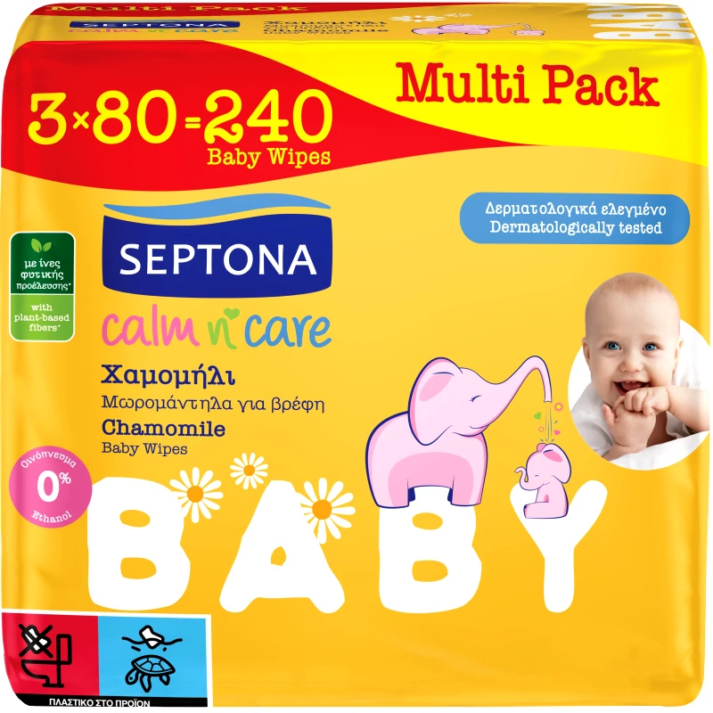 Septona Septona Multi Pack Calm n' Care Chamomile Baby Wipes Βρεφικά Μωρομάντηλα με Εκχύλισμα Χαμομηλιού & Βιταμίνη Ε για Απαλό Καθαρισμό 240 Τεμάχια (3x80 Τεμάχια)