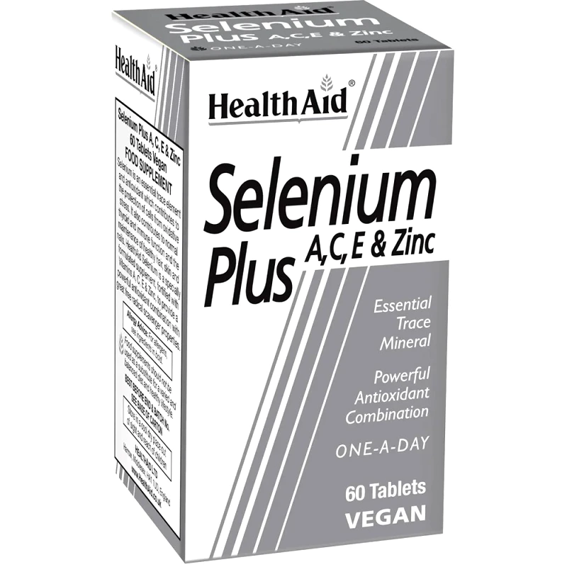 Health Aid Health Aid Selenium Plus A, C, E & Zinc Συμπλήρωμα Διατροφής με Σελήνιο, Βιταμίνες & Ψευδάργυρο για Ενίσχυση του Αναπαραγωγικού Συστήματος, Καλή Λειτουργία του Θυρεοειδούς Αδένα με Αντιοξειδωτική & Αντιγηραντική Δράση 60tabs
