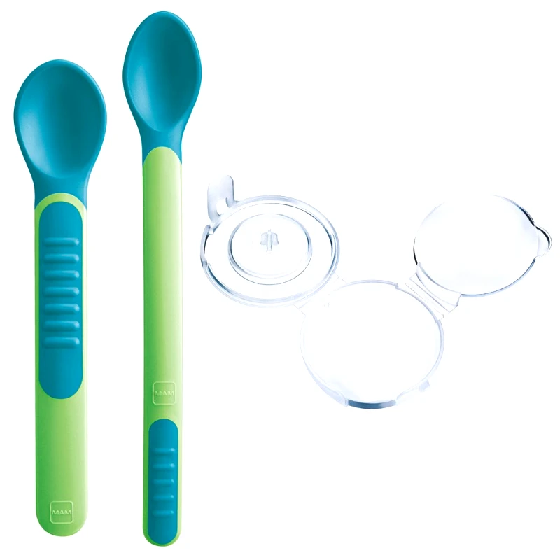 Mam Mam Heat Sensitive Spoons & Cover 6m+ Μαλακά Βρεφικά Θερμοευαίσθητα Κουταλάκια με Θήκη 2 Τεμάχια, Κωδ 513 - Πράσινο