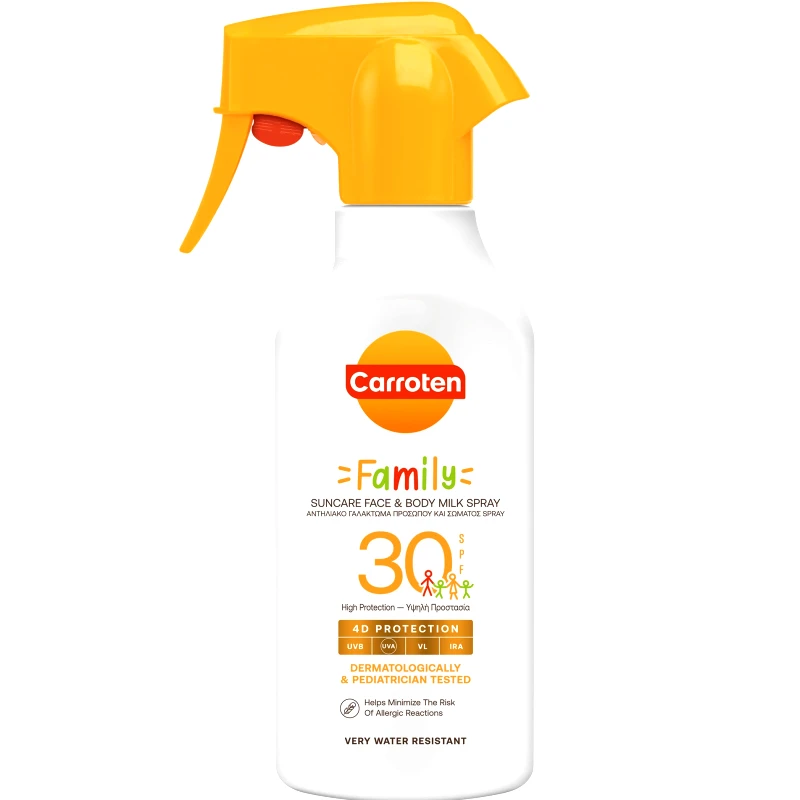 Carroten Carroten Family Suncare Face & Body Milk Spray Spf30 Αντηλιακό Γαλάκτωμα Προσώπου & Σώματος Υψηλής Προστασίας για Όλη την Οικογένεια 270ml